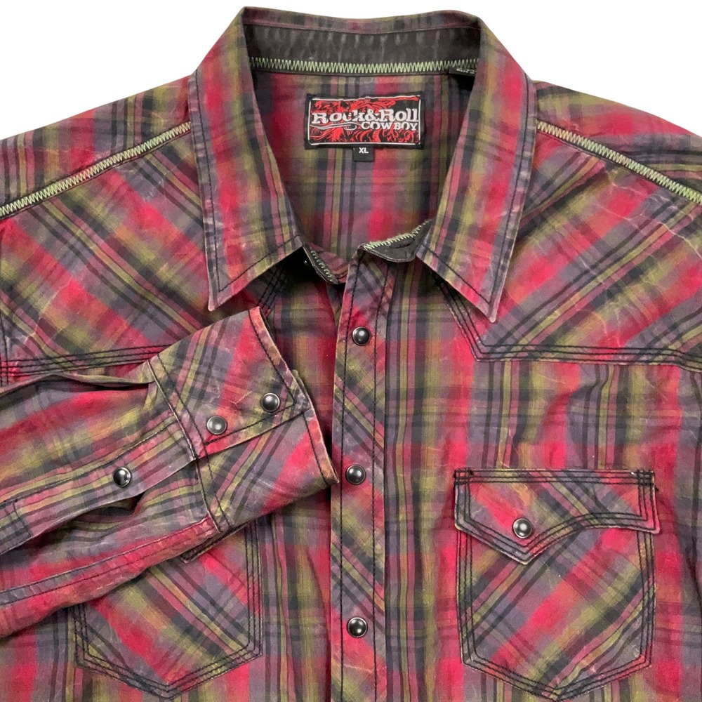 Rock & Roll Cowboy Shirt Mens XL Red Olive Tartan Plaid Pearl Snap Rockabilly